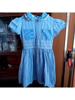 1950's Blue Gingham Vintage Girls Dress 10 Peter Pan Collar Lace Trim Dorothy